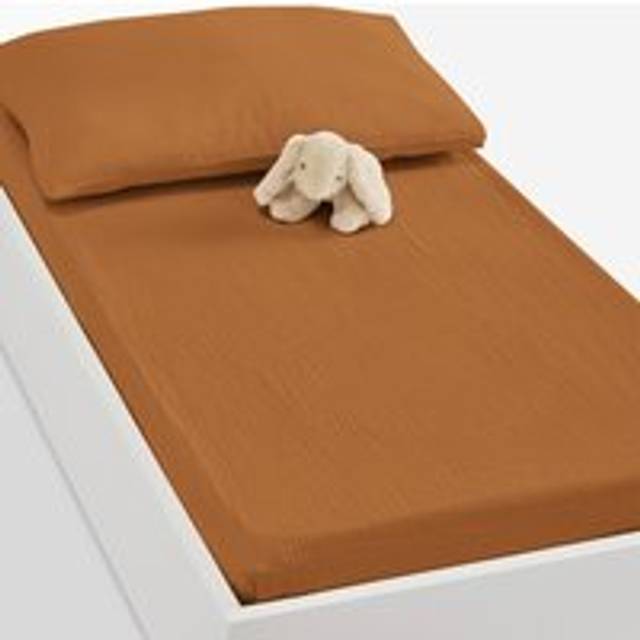 Fitted Sheet For Cot in Plain Cotton Muslin, Kumla - Caramel - 90X140CM