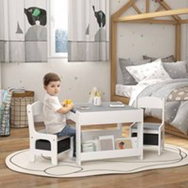 HOMCOM 3PCs Kids Table and Chair Set with Blackboard, Storage, Bookshelves, Grey Aosom UK