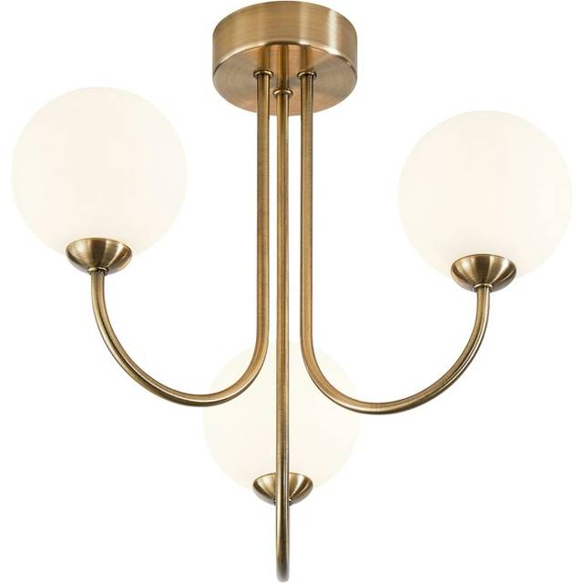 Modern Designer Antique Brass Ceiling Light with Opal White Globe Glass Shades - Metallic Gold - One Size