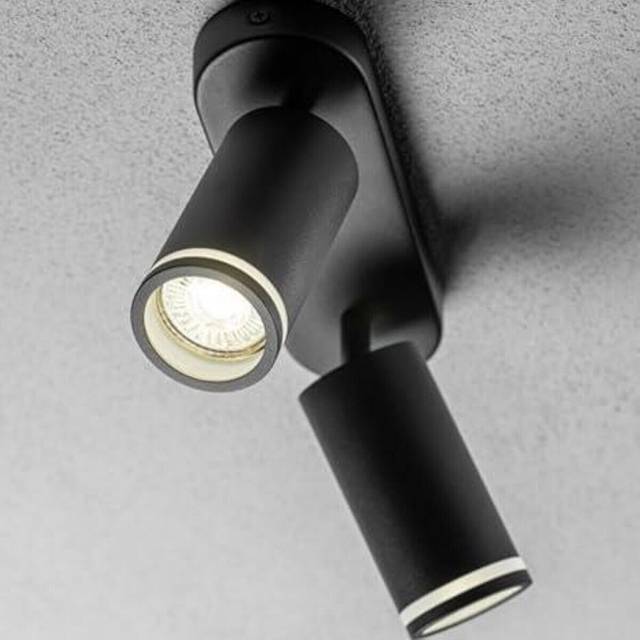 'Solis' Black Double GU10 Ceiling Spotlight with Halo Ring Adjustable Twin Spot Bar - One Size