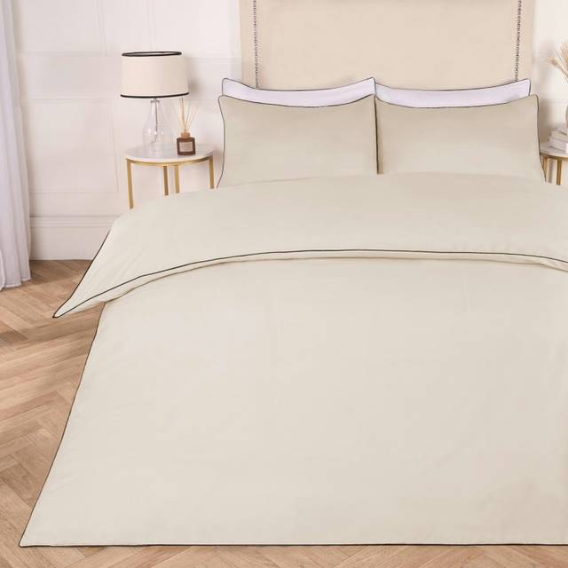 Luxury Duvet Cover Set Piped Edge Soft Quilt Pillowcase Bedding - Cream - Single
