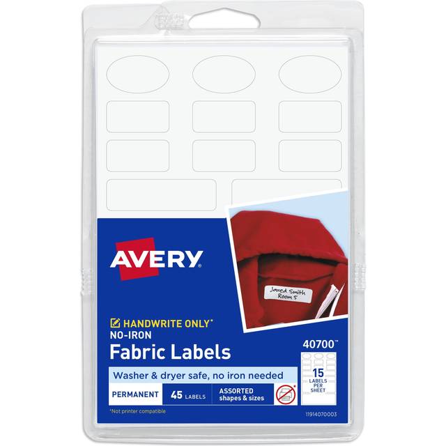 Avery  No Iron Clothing Labels White, Assorted - Pack 45