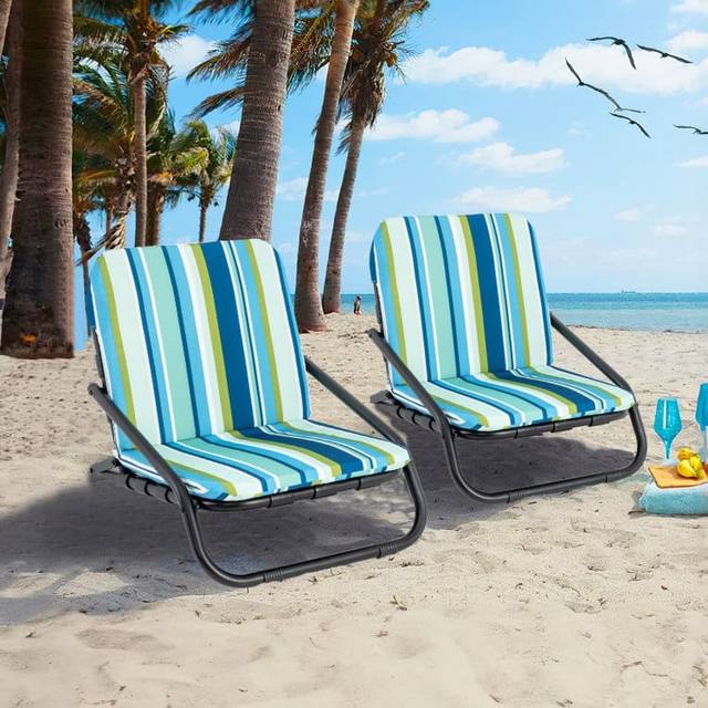 Costway Set of 2 Blue Low Folding Beach Chairs with Cushions - 72 x 55 x 22cm
