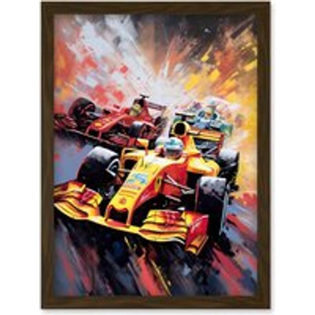 Grand Prix Championship Cars Racing on Track Artwork Framed Wall Art Print A4 - Brown - One Size