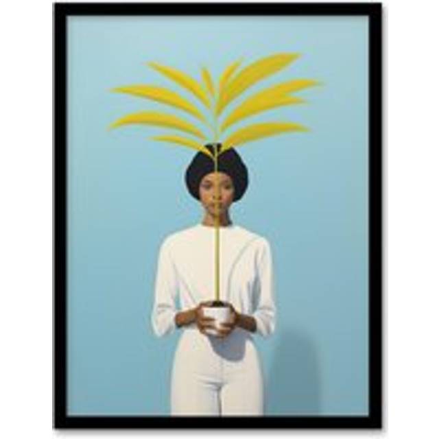 Wall Art Print Presenting The Kentia Palm Simple Minimalist White On Blue Artwork Painting Art Framed - Black - W12 inch x H16 inch