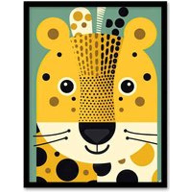 Wall Art Print Cute Baby Cheetah Colourful Graphic Artwork Orange Teal Zoo Animal Geometric Shapes Kids Bedroom Painting Art Framed - Yellow - A4