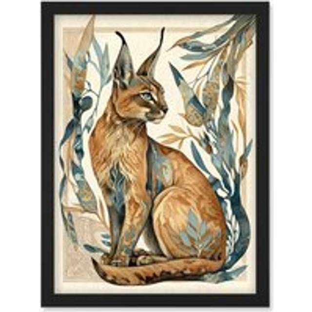 Caracal Cat with Teal Plants Modern Art Nouveau Watercolour Illustration Artwork Framed Wall Art Print A4 - Black - One Size