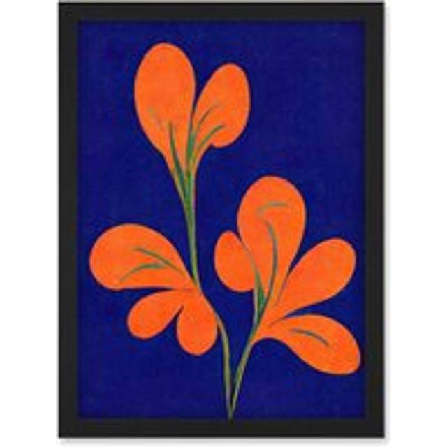 Henri Matisse Inspired Bright Abstract Orange Flower Blooms On Royal Blue Artwork Framed Wall Art Print A4 - Black - One Size