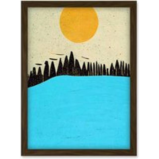 Modern Boho Abstract Sea And Cliffs Large Yellow Summer Sun Artwork Framed Wall Art Print A4 - Brown - One Size