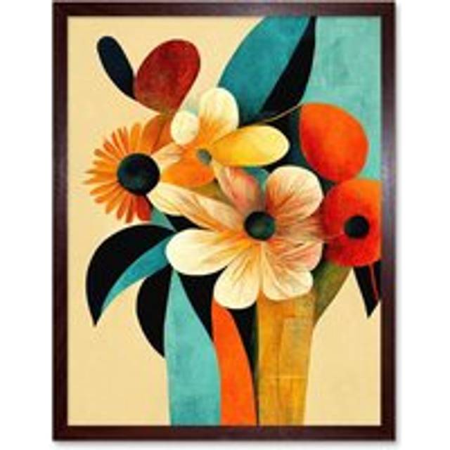Wall Art Print Vibrant Modern Abstract Oil Painting Summer Flower Bouquet Teal Orange Art Framed - Brown - W12 inch x H16 inch