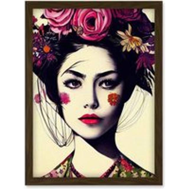 Boho Woman With Flowers Headdress Modern Artwork Framed Wall Art Print A4 - Brown - One Size