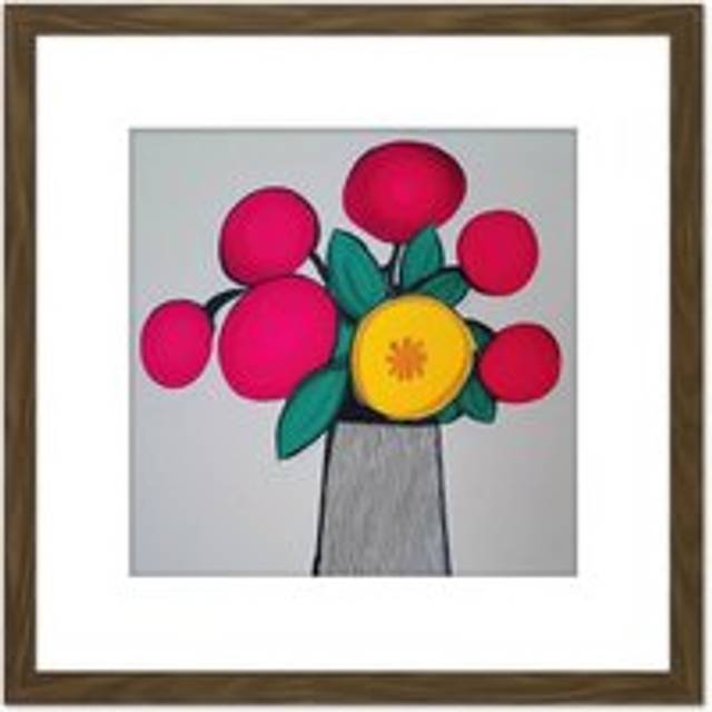 Modern Abstract Ruby Flowers Vase Boho Painting Square Wooden Framed Wall Art Print Picture 8X8 Inch - Brown - One Size