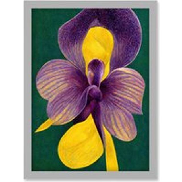 Bold Orchid Purple & Yellow On Green Artwork Framed Wall Art Print A4 - Grey - One Size
