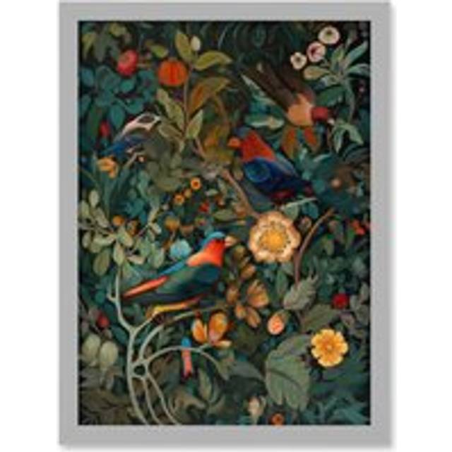 Parrots on Exotic Blooming Trees Modern Folk Art Artwork Framed Wall Art Print A4 - Grey - One Size