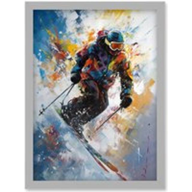 Skier Skiing Down Slope Vibrant Splat Art Painting Artwork Framed Wall Art Print A4 - Grey - One Size