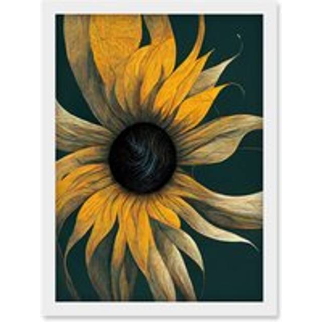 Abstract Modern Sunflower Black Yellow Artwork Framed Wall Art Print A4 - White - One Size