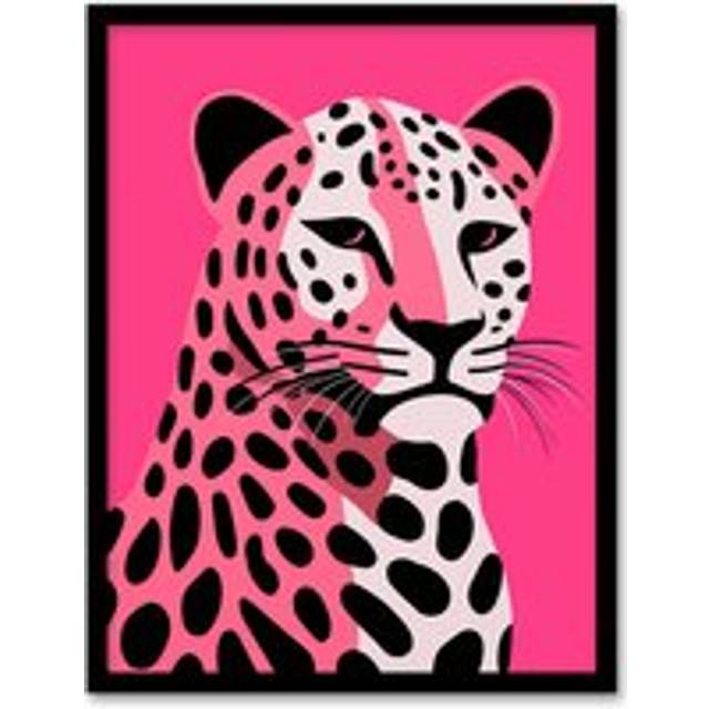 Wall Art Print Stylized Pink Black Leopard Bold Vibrant Risograph Screen Artwork Painting Poster - Multi - W12 inch x H16 inch