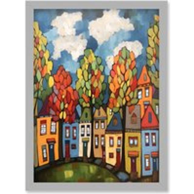 Multicoloured Row Of Houses With Autumn Trees Contemporary Folk Art Painting Artwork Framed Wall Art Print A4 - Grey - One Size