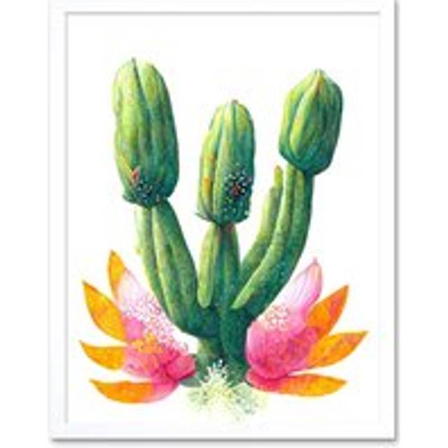 Wall Art Print Colourful Cactus Plant In Flower Painting Art Framed - White - W12 inch x H16 inch