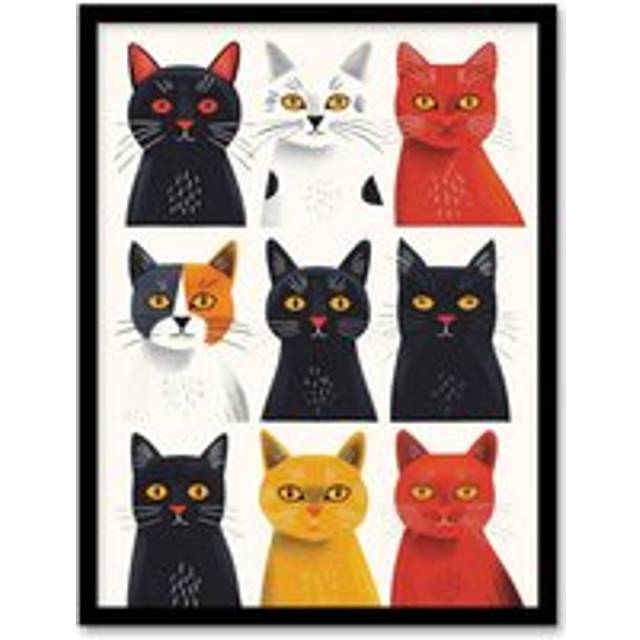 Wall Art Print Nine Cats Fun Quirky Animals Cat Lover Art Framed Poster - Black - W12 inch x H16 inch