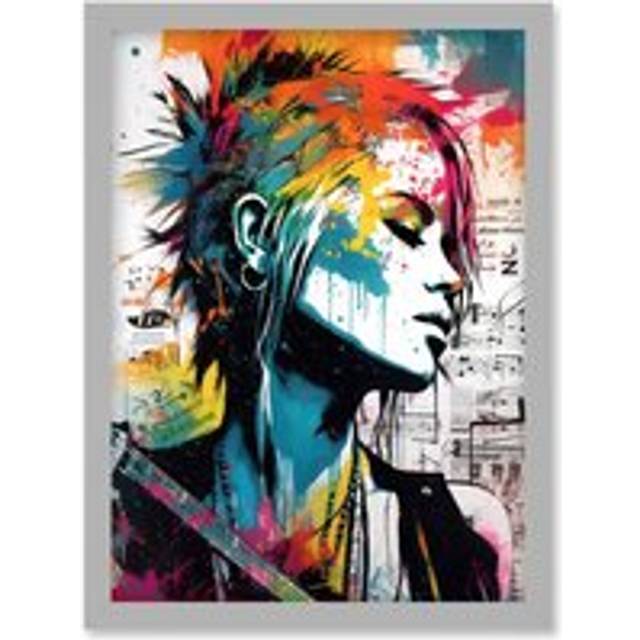 Emo Woman Electric Guitar Sheet Music Upcycle Art Splatter Paint Modern Painting Artwork Framed Wall Art Print A4 - Grey - One Size