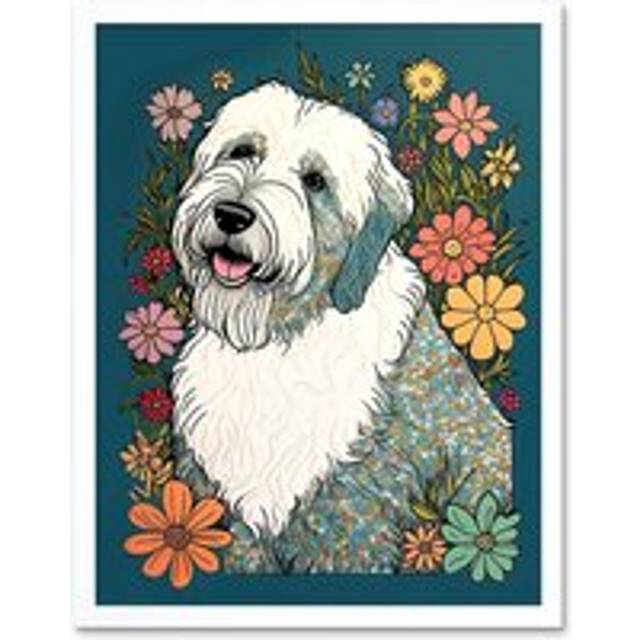 Wall Art Print English Sheepdog with Multicolour Daisies Bright Flowers Modern Art Framed - White - W12 inch x H16 inch
