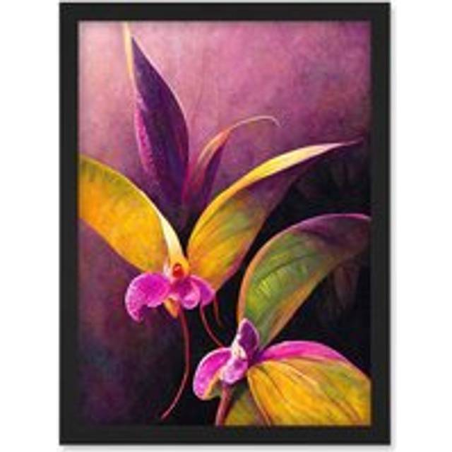 Pink Orchid Vibrant Mauve Flowers Painting Artwork Framed Wall Art Print A4 - Black - One Size