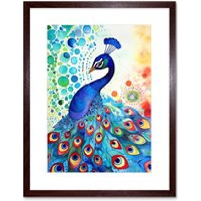 Wall Art Print Peacock Bird With Mandala Patterns Folk Art Watercolour Painting Artwork Framed 9X7 Inch - Brown - W7 inch x H9 inch