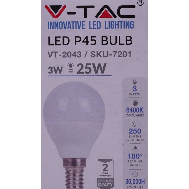 V-Tac LED 3w P45 Golf Ball Bulbs - PACK OF 10 - E14 / SES - Cool White 6400K