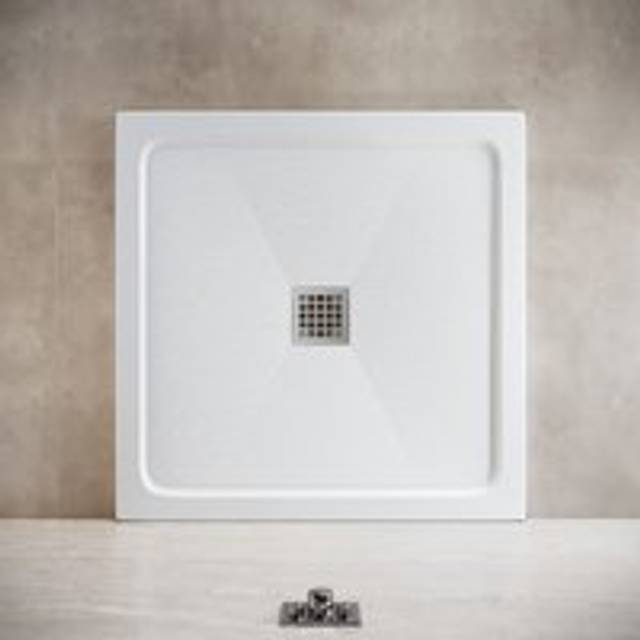 Elegant - Modern Rectangular Shower Tray smc Slate Texture Non-slip Design Shower Enclosure Tray, Stainless Steel Cover, White 900x900mm + Free Waste