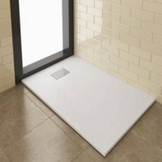 Elegant - 1200x800mm White Slate Effect Shower Tray Slimline Rectangular Grain Shower Base with Waste Trap and Stainless Steel Drain Cover a