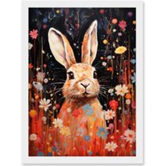 Wall Art Print Spring Bliss Oil Painting Cute Bunny Rabbit in a Daisy Flower Meadow Kids Bedroom Artwork Framed A4 - White - A4