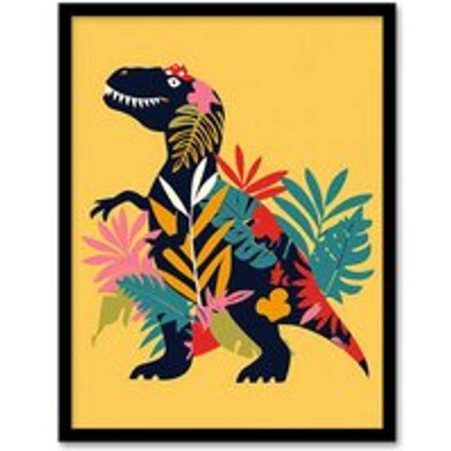 Botanical T Rex Dinosaur Bright Graphic Collage Framed Art Print - Multi - W12 inch x H16 inch