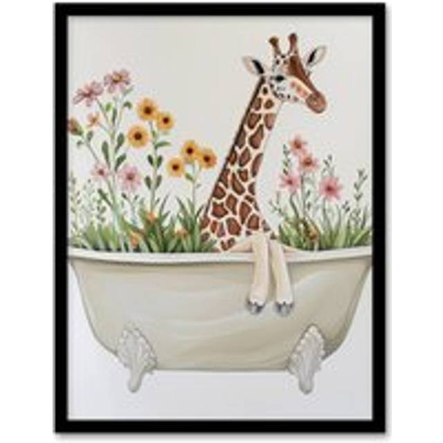 Cute Boho Giraffe in Bathtub Filled with Flowers Framed Art Print - Beige - W12 inch x H16 inch