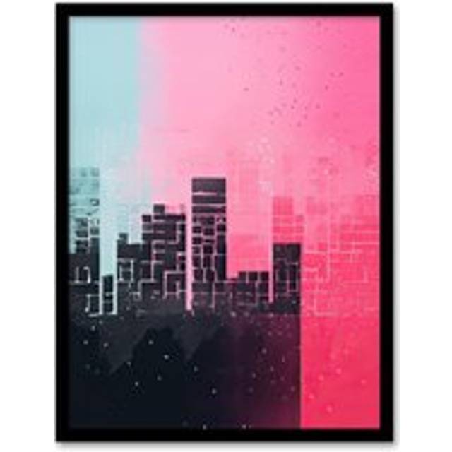 Wall Art Print Abstract Geometric Cityscape Painting Blue Pink Pastel Framed Art - W12 inch x H16 inch