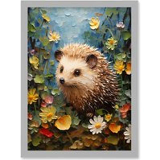 Wall Art Print Hedgehog Wildflower Meadow Thick Paint Oil Painting Kids Bedroom Cute Woodland Creature Artwork Framed A4 - Grey - A4