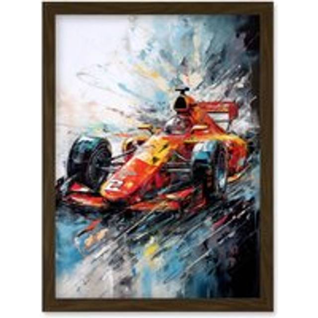 Orange Race Car Grand Prix Action Shot Painting Artwork Framed Wall Art Print A4 - Brown - One Size