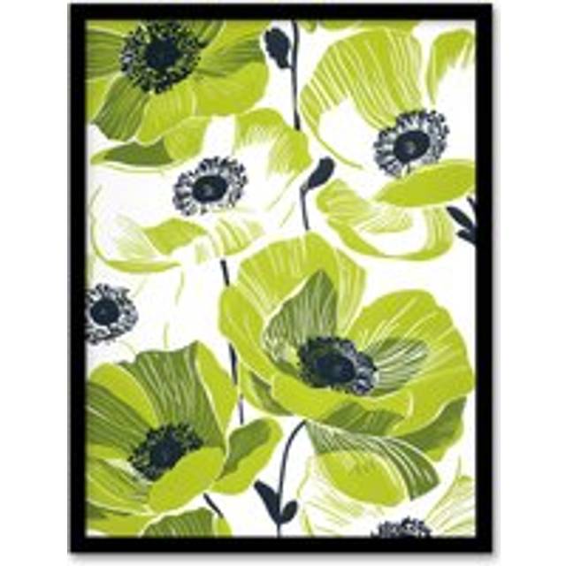 Wall Art Print Lime Green Poppy Flowers Poppies Floral Design Art Framed Poster - Black - W12 inch x H16 inch