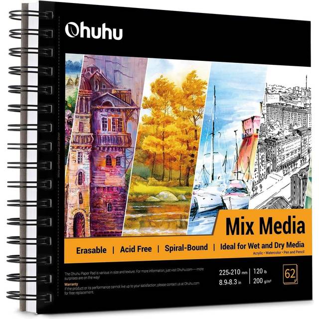 Sketchbook Spiral Bound: Mixed Media Pad, 62 Sheets/124 Pages of 200GSM Thick Drawing Paper, Hardcover Sketch Book for Wet and Dry Media, Acrylic