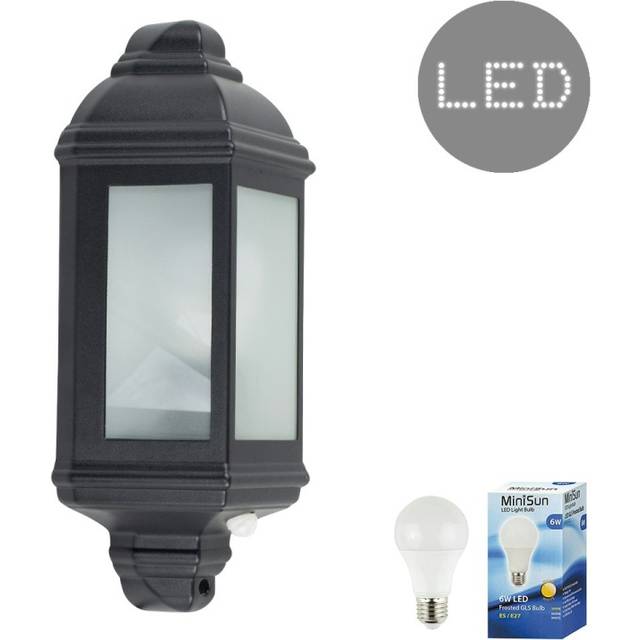 Traditional Black Aluminium PIR Motion Sensor Outdoor Garden Wall Lantern IP44 Light - Complete with 6w LED ES E27 Bulb