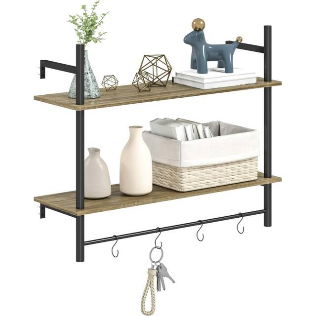 HOMCOM Wall Shelf Unit with 4 Hooks for Living Room - Entryway - Grey | TJ Hughes