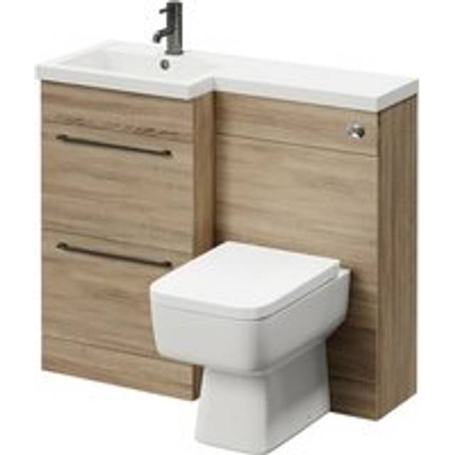 Napoli Combination Vanity Unit Toilet Suite with Right Hand L Shaped 1 Tap Hole Basin and 2 Drawers with Brushed Brass Handles | Bordalino Oak | Plastic | 1000mm