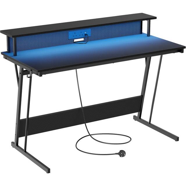 VASAGLE Gaming Desk With LED Lights And Built-In Power Outlets, Computer Desk With Monitor Shelf, Gaming Table For 2 Monitors, Office Desk, For Bedroom, 60 X
