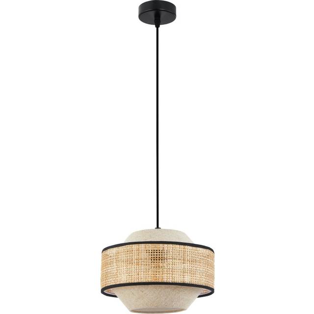 Natural Linen and Woven Rattan Pendant Ceiling Light with Black Trim and Cable - Brown - One Size
