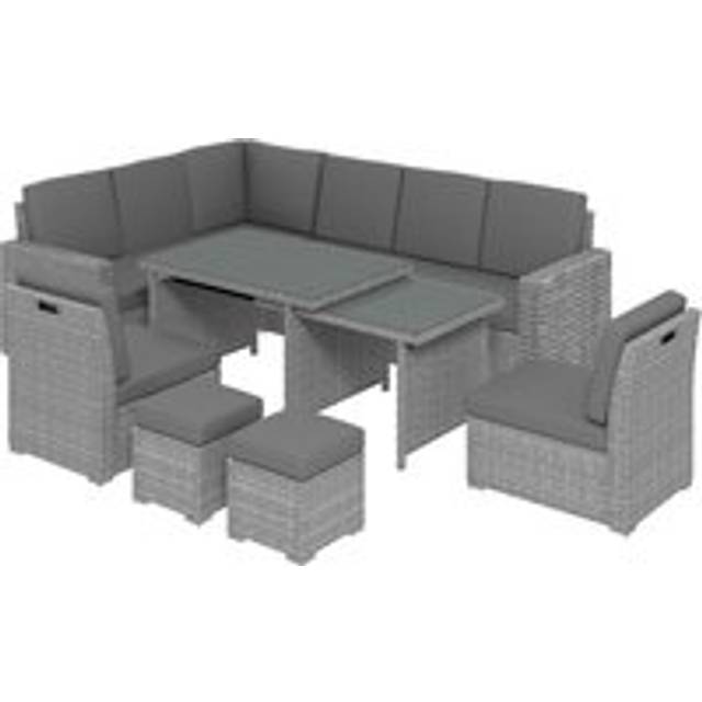 Outsunny 10-Seater Sofa Sectional w/ Cushioned Seat, Footstools and Glass Table