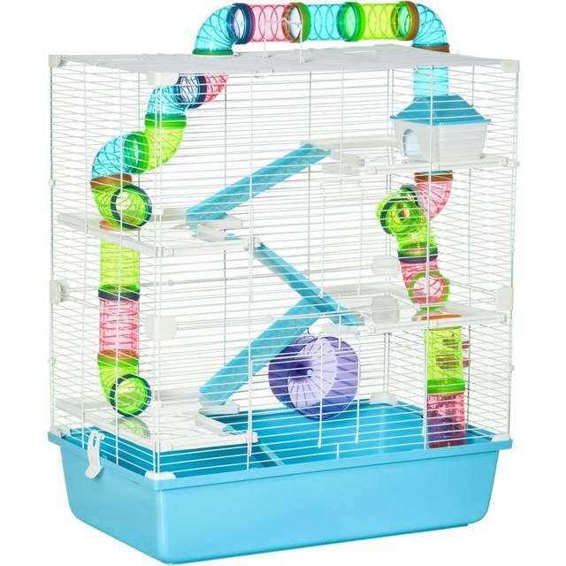 PawHut Blue Hamster Cage with Exercise Wheel and Tubes - 38 x 17 x 62cm