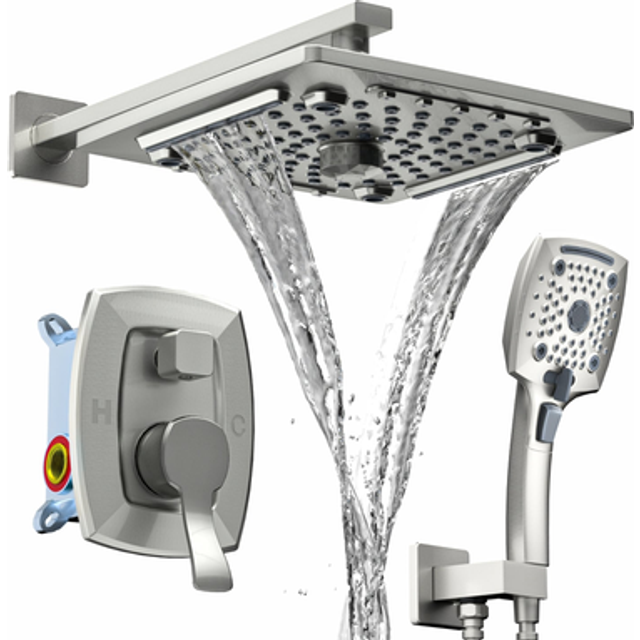 ELLO&ALLO Shower Faucet Set Mixing Valve and Trim Kit Brushed Nickel  Rainfall Waterfall Shower Head with Handheld Combo