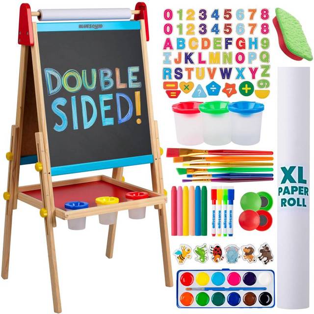 Blue Squid Art Easel for Kids - Double Sided Adjustable Wooden Painting Easels with Magnetic Chalk Board, Whiteboard, Paper Roll Including 100+