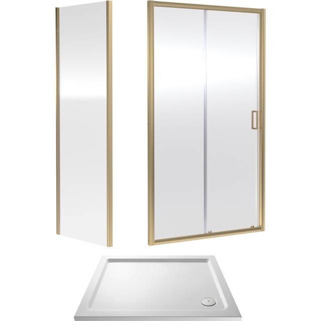 6mm Toughened Safety Glass Sliding Shower Door, Side Panel and Shower Tray - 1000 x 760 x 1900mm - Brushed Brass Frame - White Tray