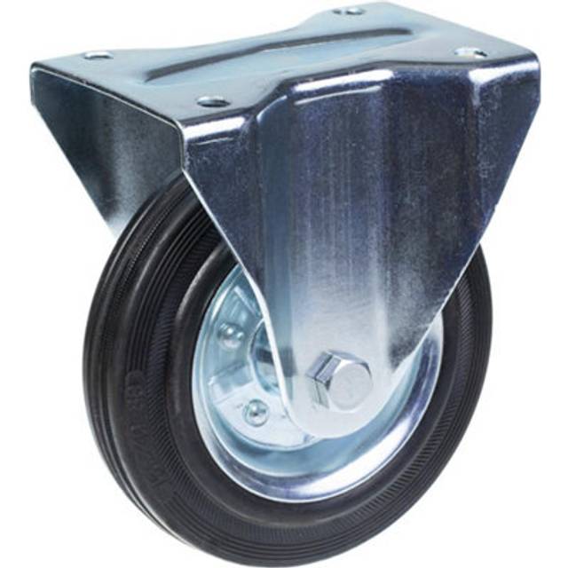 160mm fixed castor with black rubber on pressed steel centre wheel